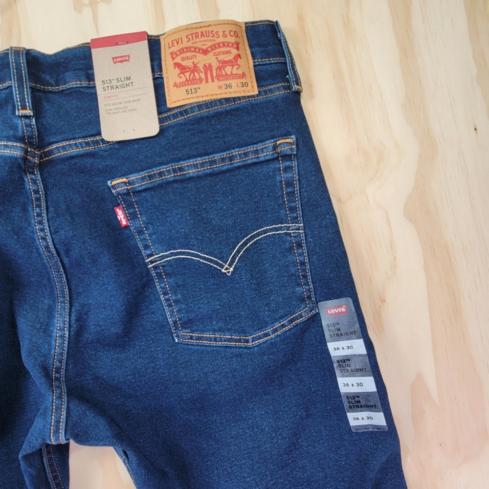 Levis 513 Slim Straight Jeans Mens 36x30 Dark Wash Indigo Blue Stretch Denim NWT - Picture 4 of 13